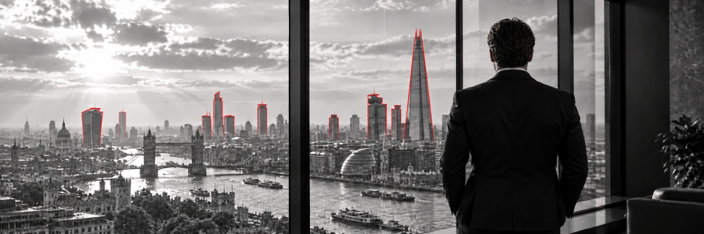 Executive in a dark suit looking out over the London skyline from a high office window, in black and white with towers outlined in crimson