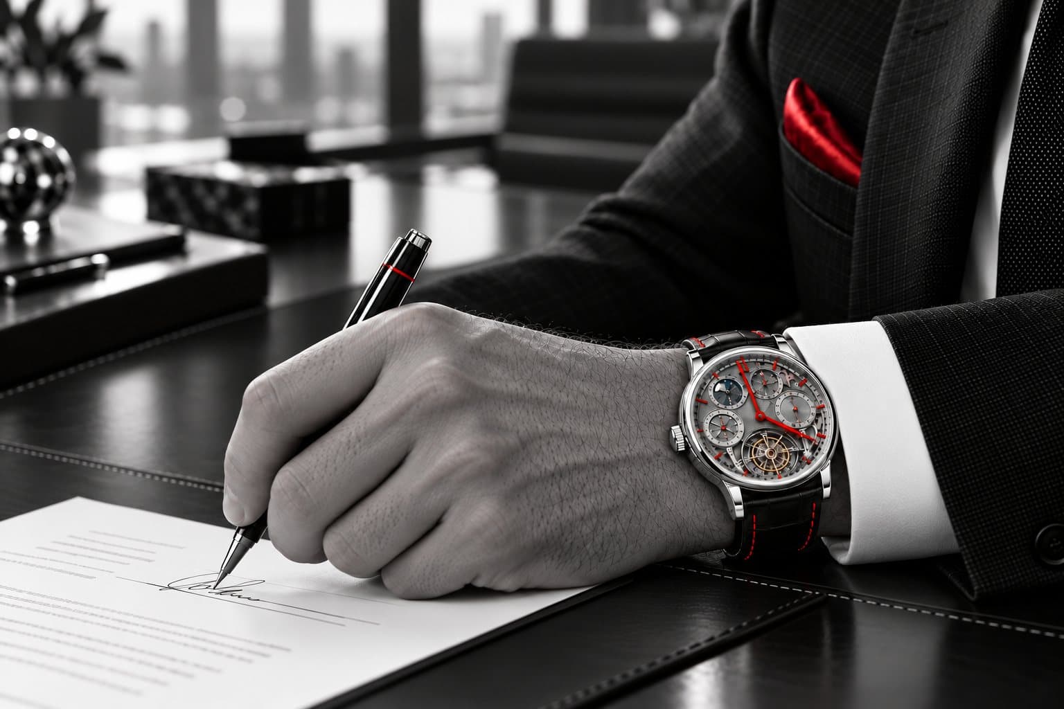 Hand signing a deal document at a desk, wearing a mechanical watch with crimson hands