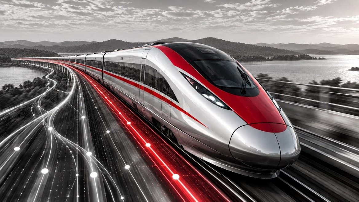 High-speed train with a crimson nose racing along a curved track, with light trails across the rails